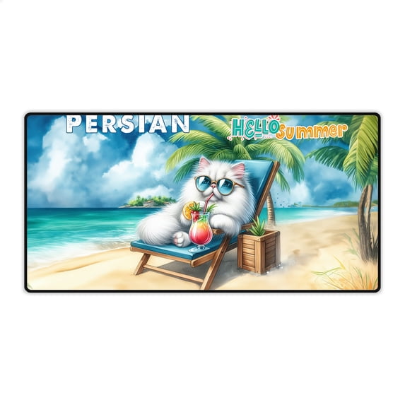 Persian Hello Summer Beach Theme with Sunglasses and Tropical Cocktail Desk Mat Full Keyboard Mouse Pad Cat Lover Kitten Owner Gifts Large Mousepad - 00009