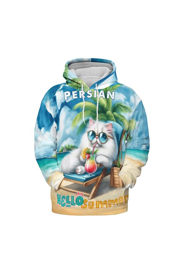 Persian Hello Summer Beach Theme with Sunglasses and Tropical Cocktail All Over Print 3D Hoodie Unisex Merch Hoodies Cat Lover Kitten Owner Gifts - 00009