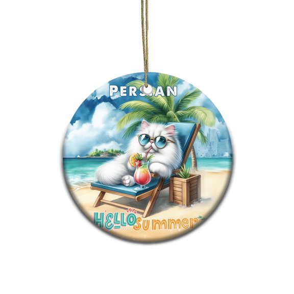 Persian Hello Summer Beach Theme with Sunglasses and Tropical Cocktail Ceramic Round Ornament Cat Lover Kitten Owner Gifts Home Tree Decor - 00009