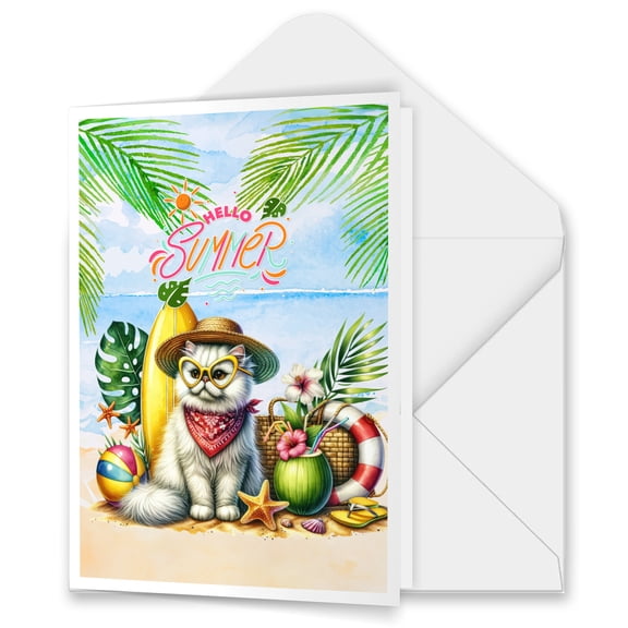 Persian Hello Summer with Sunglasses and Surfboard Tropical Vibes 5x7in Folded Greeting Card Cat Lover Kitten Owner Gifts Single Note Card with Envelope - 00007