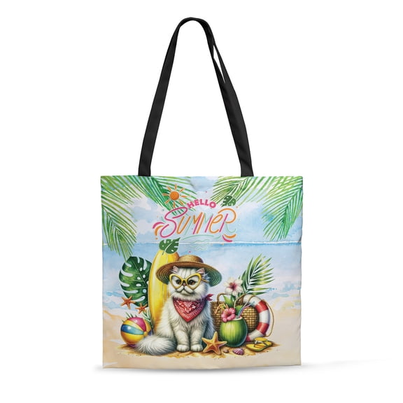 Persian Hello Summer with Sunglasses and Surfboard Tropical Vibes All Over Print 3D Canvas Tote Bag Cat Lover Kitten Owner Gifts Reusable Handbag - 00007