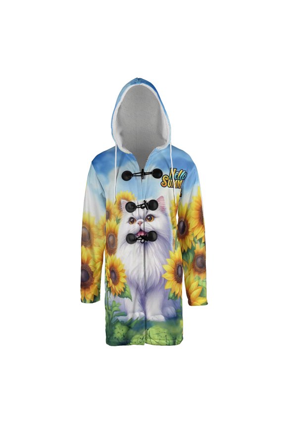 Persian Hello Summer Sunshine Sunflowers Spring Retro Vintage All Over Print 3D Hooded Duffle Toggle Coat Cat Lover Kitten Owner Gifts - 00008