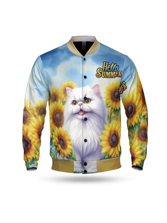 Persian Hello Summer Sunshine Sunflowers Spring Retro Vintage All Over Print 3D Baseball Jacket Cat Lover Kitten Owner Gifts Bomber Jacket Softball - 00008