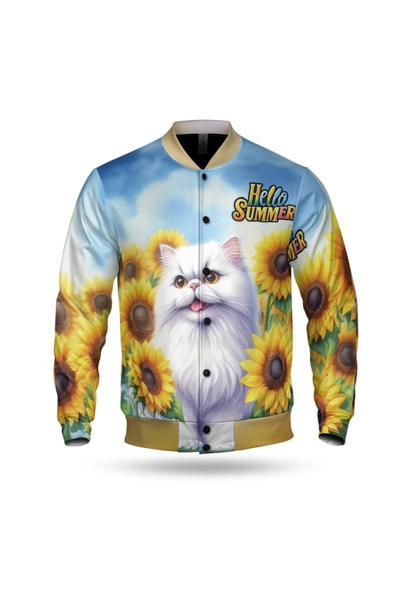 Persian Hello Summer Sunshine Sunflowers Spring Retro Vintage All Over Print 3D Baseball Jacket Cat Lover Kitten Owner Gifts Bomber Jacket Softball - 00008