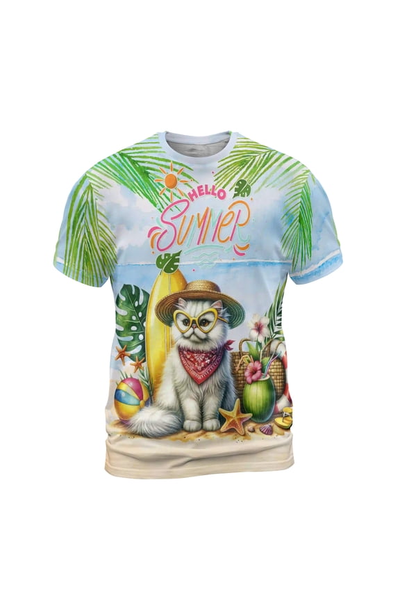 Persian Hello Summer with Sunglasses and Surfboard Tropical Vibes All Over Print 3D Shirt Unisex Merch Cat Lover Kitten Owner Gifts - 00007