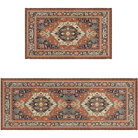 Persian Kitchen Rug and Sets 2 Piece Non Skid Washable mat for Oriental Medallion Boho Kitchen mats for Floor Retro Vintage Kitchen Decor - Brick Red