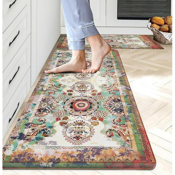 Persian Kitchen Rugs Set of 2 Cushioned Anti Fatigue Boho Kitchen Mats for Floor Memory Foam Kitchen Rug Non-Slip Waterproof Comfort Padded Rubber Standing Kitchen Mat