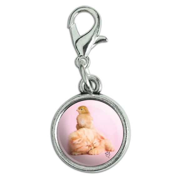 Persian Kitten Cat and Chicken Chick Antiqued Bracelet Pendant Zipper Pull Charm with Lobster Clasp