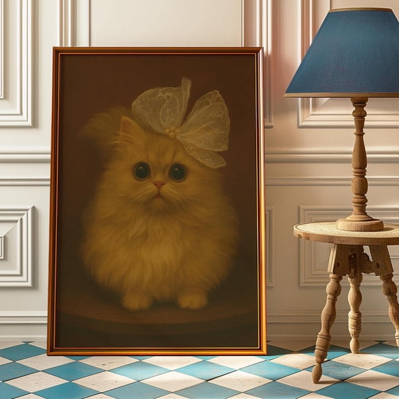 Persian Kitten Poster Big Eyes Cat Portrait With Lace Bow Poster , Poster Print Only