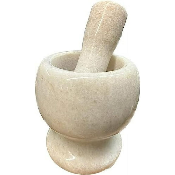 Persian Middle Eastern Arabic Turkish Marble Granite Mortar and Pestle Havan with Daste Mexican Style Molcajete Guacamole Spices Pepper Garlic Herbs Crusher Masher Beige White