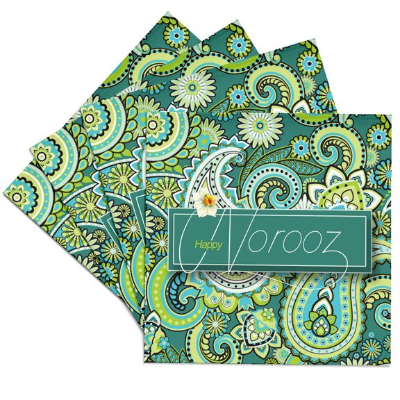 3drose, Persian New Year Norooz with Daffodil and Teal Green Paisley, Set of 4 Ceramic Tile Coasters
