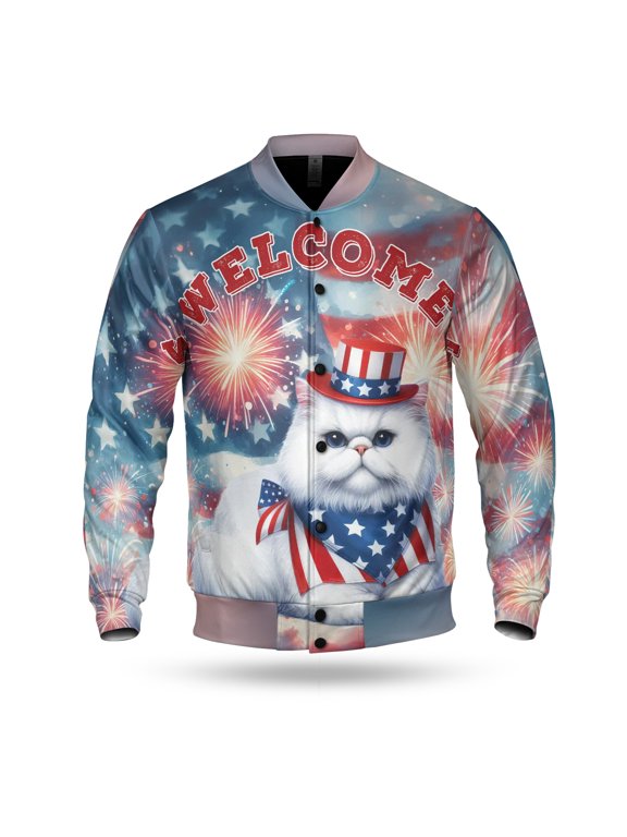 Persian Patriotic Welcome for 4Th of July Independence Day All Over Print 3D Baseball Jacket Cat Lover Kitten Owner Gifts Bomber Jacket Softball - 00010