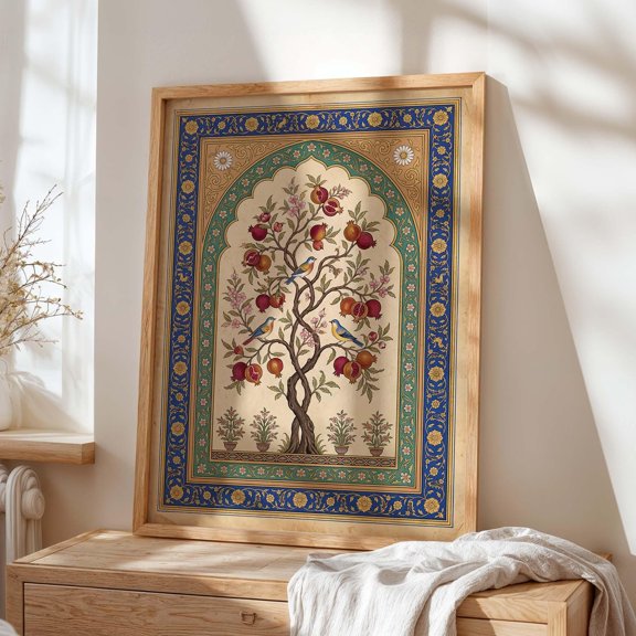 Persian Pomegranate Tree Wall Art Print, Blue Gold Botanical Poster, Boho Home Decor