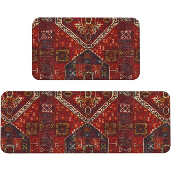 Persian Rug Design Kitchen Mats Set of 2, Home Decor Kitchen Rugs for Floor - 17x29 and 17x47 Inch