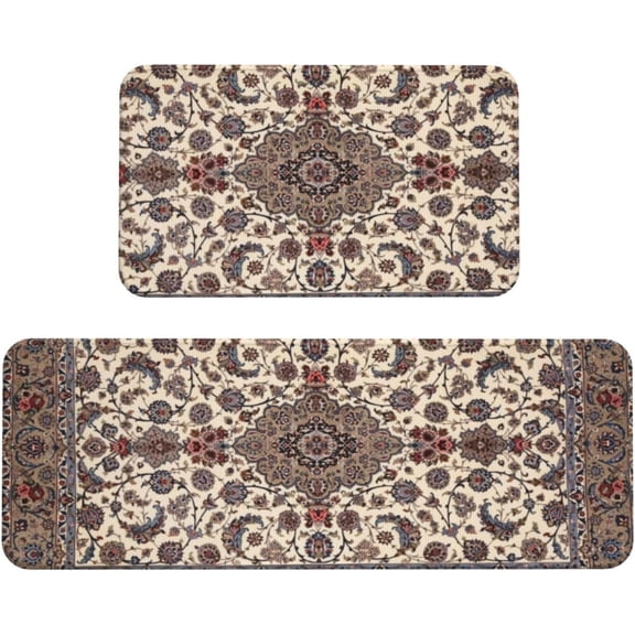 Persian Rug Design Kitchen Mats Set of 2, Home Decor Kitchen Rugs for Floor - 17x29 and 17x47 Inch