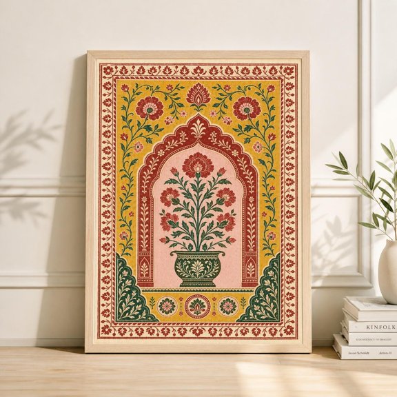 Persian Rug Still Life Poster, Decorative Textile Wall Art Print, Folk Botanical Pattern Illustration , Poster Print Only