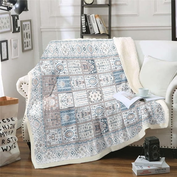 Persian Sherpa Blanket Oriental Blanket for Teens Adults Room, Vintage Medallion Throw Blanket for Chair Throw Size Bohemian Mandala Fleece Blanket, Grid Checkered Plush Blanket Blue Cozy