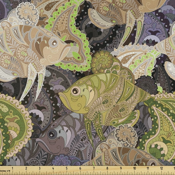Ambesonne Persian Fabric by the Yard Upholstery, Zentangle Fish Paisley, 5 Yards, Multicolor