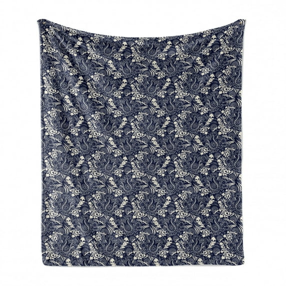 Persian Soft Flannel Fleece Throw Blanket, Middle Eastern Inspirations with Curved Leaves and Flowers Blooming Nature, Cozy Plush for Indoor and Outdoor Use, 50" x 70", Navy Blue Cream, by Ambesonne