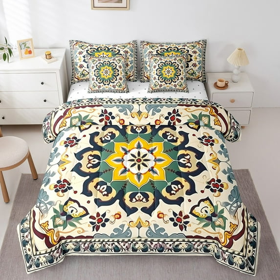Persian Style Bedding Comforter Sets 7pcs Oriental Bed in a Bag for Women Bedroom, Vintage Medallion Twin Bedding Sets Bohemian Mandala Comforter Set, Ultra Soft Lightweight Bedding Sets White