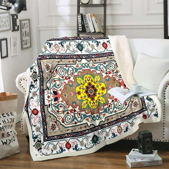 Persian Style Blanket Oriental Throw Blanket for Bed for Women Girls Bedroom, Vintage Medallion Fleece Blanket Baby Size Bohemian Mandala Sherpa Blanket, Ultra Soft Lightweight Fuzzy Blanket White