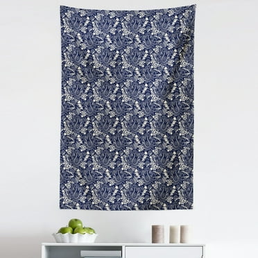 Persian Tapestry, Middle Eastern Inspirations with Curved Leaves and Flowers Blooming Nature, Fabric Wall Hanging Decor for Bedroom Living Room Dorm, 5 Sizes, Navy Blue Cream, by Ambesonne