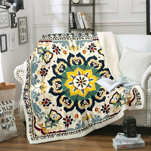 Persian Throw Blanket for Couch Multicolor Oriental Medallion Fleece Blanket, Hippie Mandala Sherpa Blanket Throw Size Traditional Vintage Blanket, Tribal Bohemian Bed Blanket
