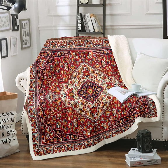 Persian Throw Blanket for Couch Oriental Fleece Blanket, Vintage Floral Sherpa Blanket Throw Size Retro Tribal Pattern Blanket, Traditional Boho Bed Blanket Aesthetic Mandala Decoratives