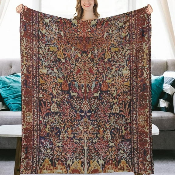 Persian Vintage Antique Carpet Nature Art Flannel Fleece Throw Blankets 50"X40" Lightweight Fluffy Winter Fall Blanket Cozy Soft Fuzzy Plush Home Decor for Couch Bed Sofa Bedroom Living Room Travel