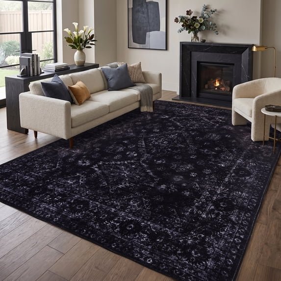 Persion Style Rug Image Persian Vintage Black 6x9 Floral Rug, Scalloped Washable Non Slip Stain ...