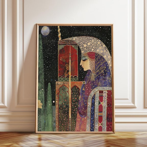 Persian Woman Middle Eastern Moonlit Portrait Wall Art Print, Unframed Paper Poster 24x36in