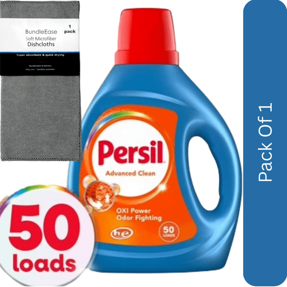 Persil Advanced Clean Liquid Laundry Detergent, Oxi + Odor Fighting, Original Scent, 84 fl oz, 50 Loads with Microfiber Solid Color Towel by BundleEase