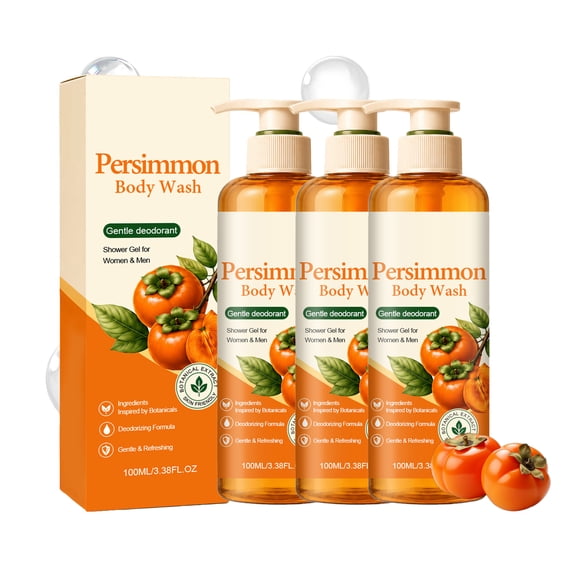 Persimmon Body Wash Lightweight Non-Sticky Rich Creamy Foam Quick Rinse Refreshing Daily Full Body Cleansing Shower Gel.(3Pcs)