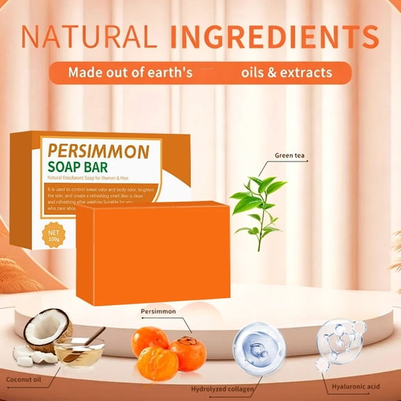 Persimmon Soap Bar, 100g Natural Handmade Cleansing Bar Eliminates Body Odor, Refreshes and Brightens Skin for Clean Fresh Complexion