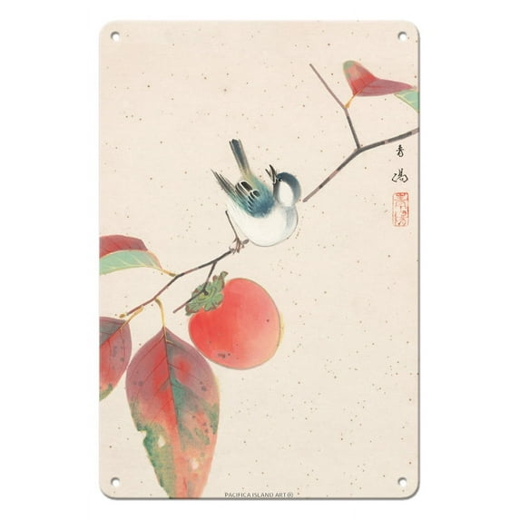 Persimmon and a Japanese Sparrow - Vintage Japanese Woodblock Print by Seiyosai Shunshi c.1900's - 8 x 12 inch Vintage Metal Tin Sign