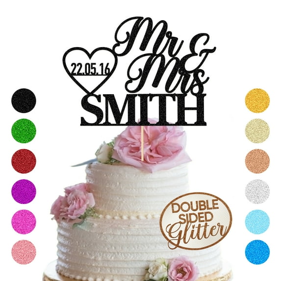 Persoanlized Mr & Mrs Wedding Cake Topper, Custom Name & Date Wedding Anniversary Party Cake Decoration, Color Option Double Sided Glitter