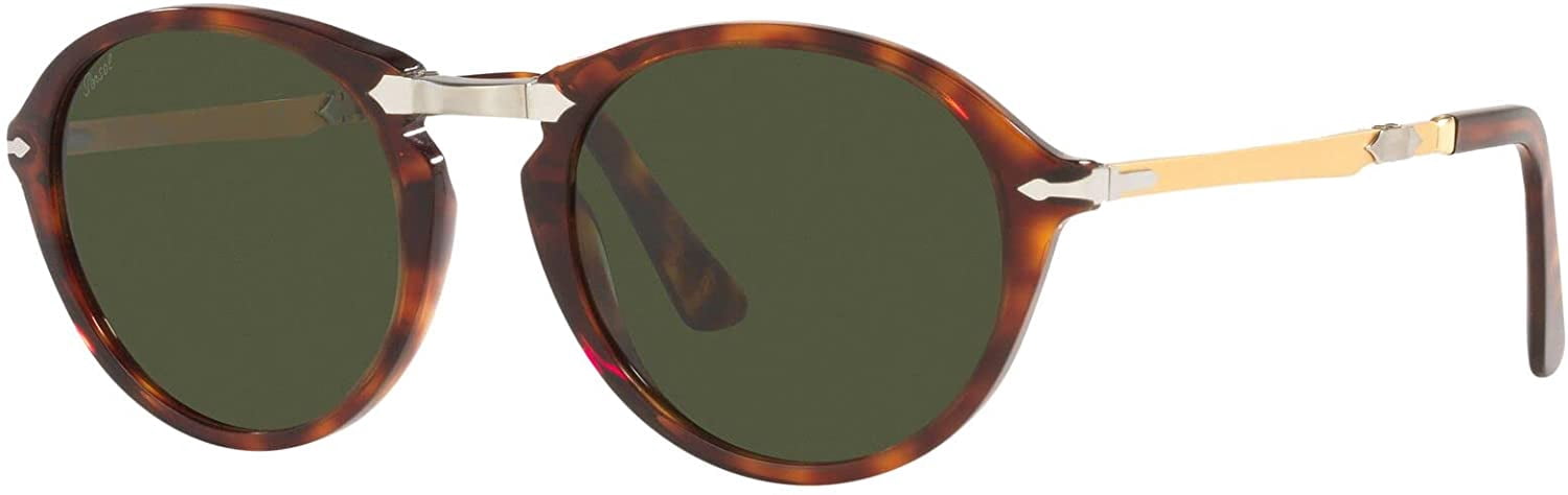 Persol PO3274S Round Sunglasses - Black Frame, Green Lenses, Foldable Temples, 100% UV Protection