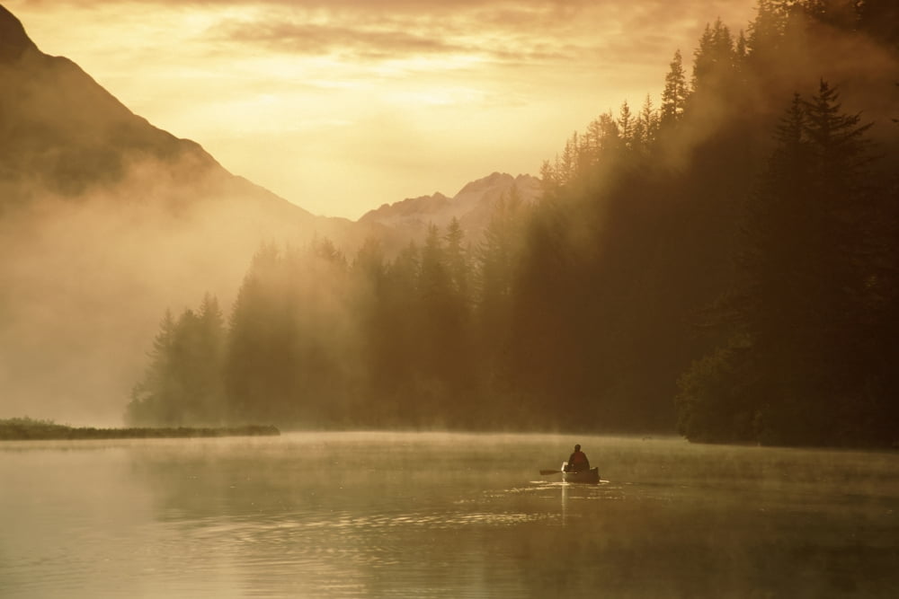 Person Canoeing On Robe Lake Sunrise Chugach Mts Sc Ak Canvas Art - Michael DeYoung Design Pics (17 x 11)
