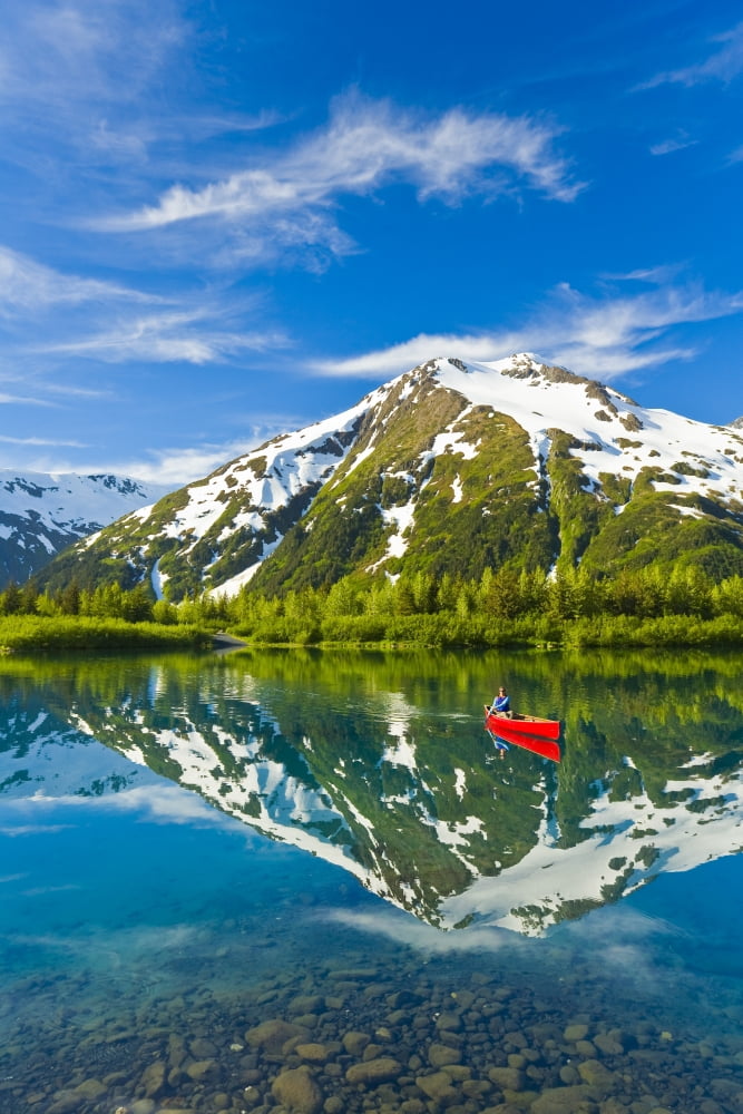 Person Canoeing In Small Lake In Portage Valley Of Chugach National Forest During Spring In Southcentral Alaska Canvas Art - Michael DeYoung Design Pics (11 x 17)