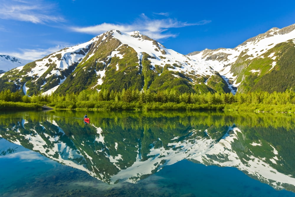 Person Canoeing In Small Lake In Portage Valley Of Chugach National Forest During Spring In Southcentral Alaska Canvas Art - Michael DeYoung Design Pics (17 x 11)
