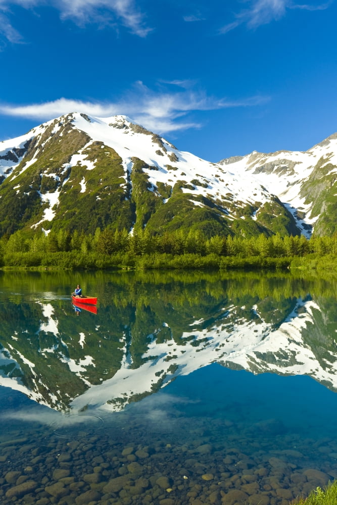 Person Canoeing In Small Lake In Portage Valley Of Chugach National Forest During Spring In Southcentral Alaska Canvas Art - Michael DeYoung Design Pics (22 x 34)