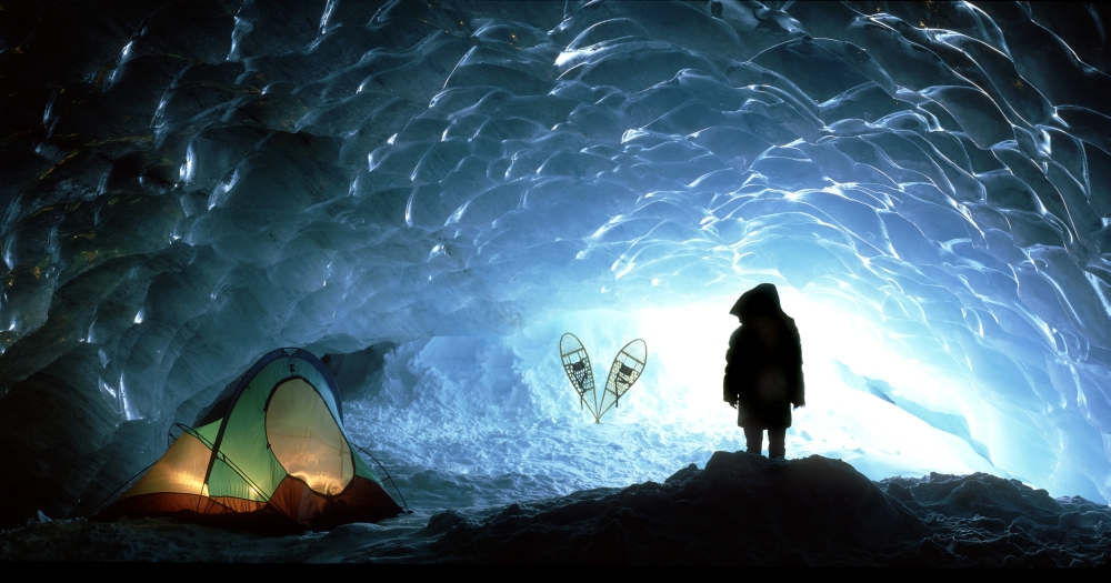 Person In Ice Cave Appa Glacier Pemberton Ice Field British Columbia Canada Canvas Art - David Nunuk Design Pics (21 x 11)