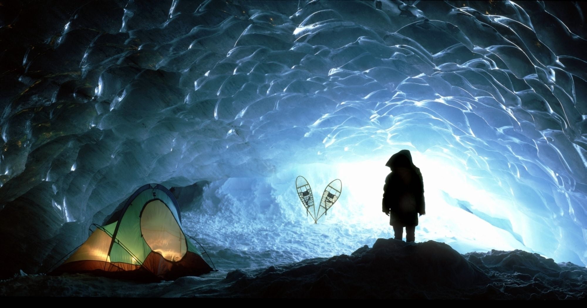 Person In Ice Cave Appa Glacier Pemberton Ice Field British Columbia Canada Canvas Art - David Nunuk Design Pics (42 x 22)