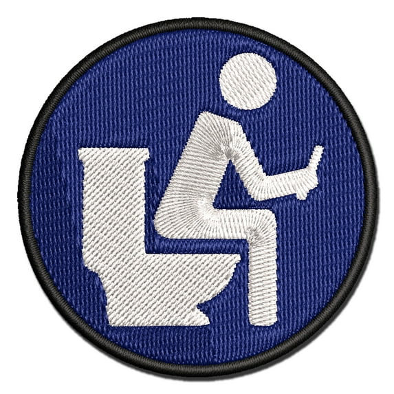 Person Sitting on Toilet with Phone Restroom Pooping Applique Multi-Color Embroidered Iron-On Patch - 2.5 Inch Small