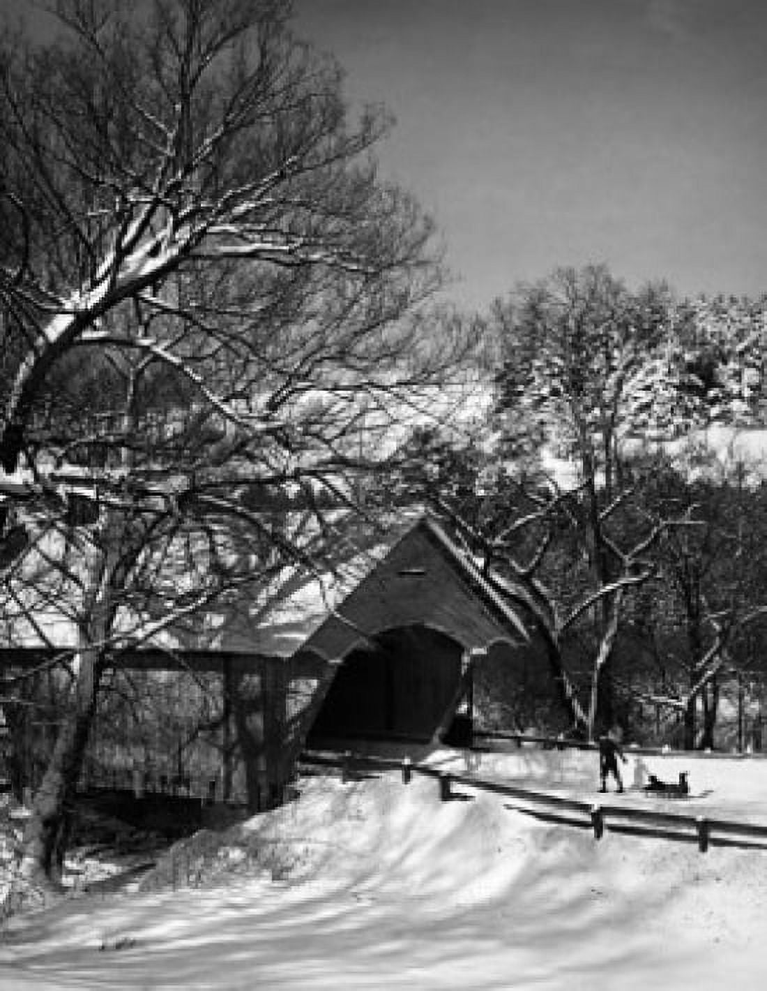 Person pulling a sled near a covered bridge Lyndon Vermont USA Canvas Art - (18 x 24)