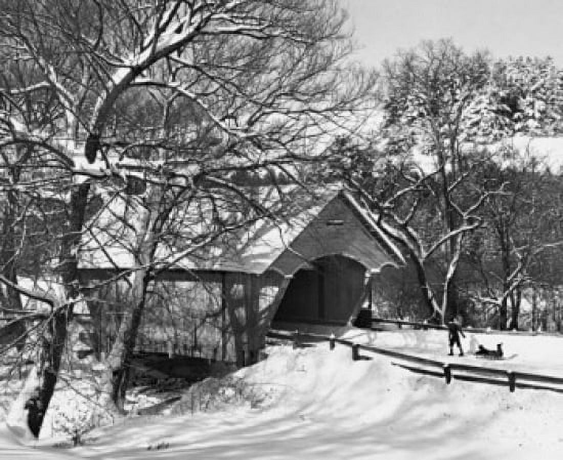 Person pulling a sled near a covered bridge Lyndon Vermont USA Canvas Art -  (24 x 36)