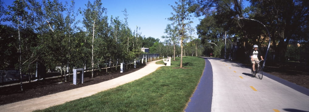 Person riding bicycle on footpath in a park The 606 Bloomingdale Trail Chicago Cook County Illinois USA Canvas Art - Panoramic Images (27 x 9)