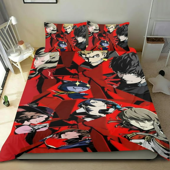 Persona 5 Royal Themed Bed Sheet Set Three Piece Set 53x79 In ches Comfortable And Skin Friendly Unique Design Creating A Star Studded Night Home Decor Gifts For Family Friends fans