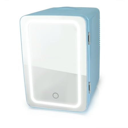Personal 6 Can Chiller LED Lighted Mini Fridge with Mirror Door, Blue