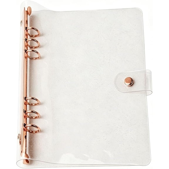 Personal A5 Binder Cover 6-Ring Planner Cover Clear Glitter PVC Refillable Notebook Shell Rose Ring Binder with Snap Button Closure for 6-Ring Planner Loose Leaf Folder